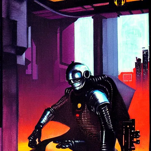 Prompt: cyberpunk knight, by jack gaughan, pulp, sci - fi, atmospheric lighting, painted, intricate, ultra detailed