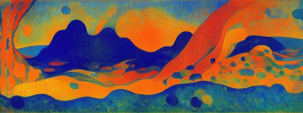 Image similar to An insane, modernist landscape painting. Wild energy patterns rippling in all directions. Curves, organic, zig-zags. Mountains, clouds. Rushing water. Waves. Psychedelic dream world. Odilon Redon. Andre Derain.