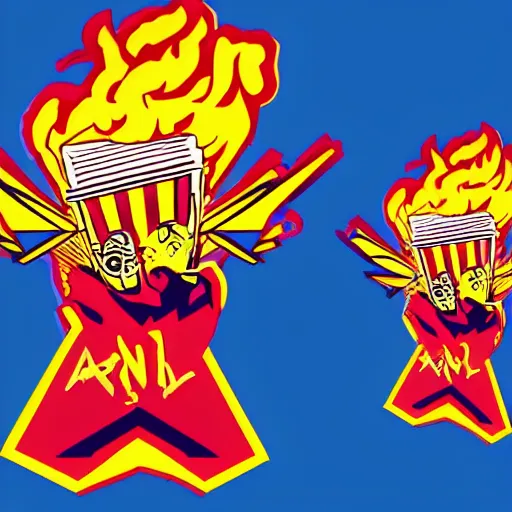 Image similar to vector rave hotrod style logo for an anarchist collective called poppin kernel with an anthropomorphic popcorn on fire with mirrorshades