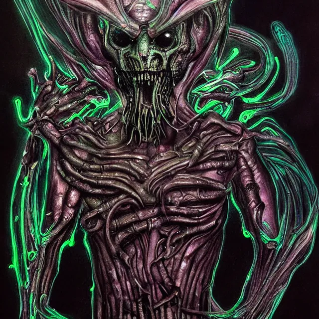 Image similar to a giger demon with fluorescent flesh, wispy ink horrors, prismatic neon glow backdrop, photo pic by hyperrealism