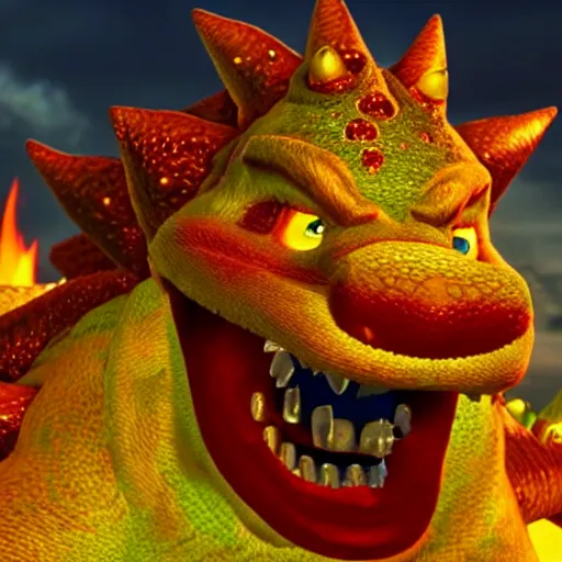 Image similar to stunning awe inspiring hyperrealistic bowser, highly detailed, movie still 8 k hdr atmospheric lighting