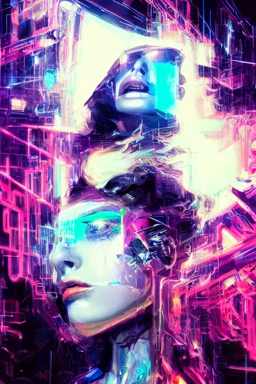 Prompt: portrait, headshot, digital painting, an beautiful techno - witch lady in circuit electronic mask, opalescent, synthwave, glitch, vhs, fracture,, realistic, hyperdetailed, chiaroscuro, concept art, art by john berkey