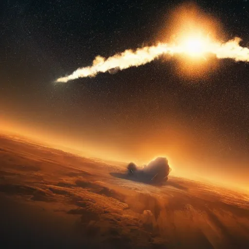 Image similar to photo of a meteor hitting the planet earth, movie still, collision, apocalyptic, cinematic, intense, detailed, distruction, 4 k, 8 k, by michel bay,