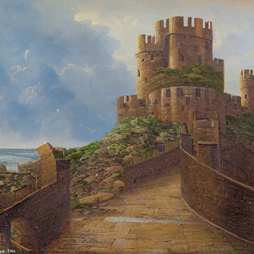 Prompt: a fortress with complex interweaving walls, towers, and gates, perched on a sea cliff, oil painting