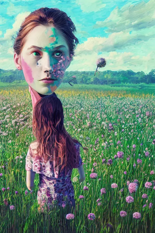 Prompt: portrait, huge thistle flowers under head, a girl in a suit in field of flowers, surreal photography, sunrise, blue sky, dramatic light, impressionist painting, digital painting, artstation, simon stalenhag