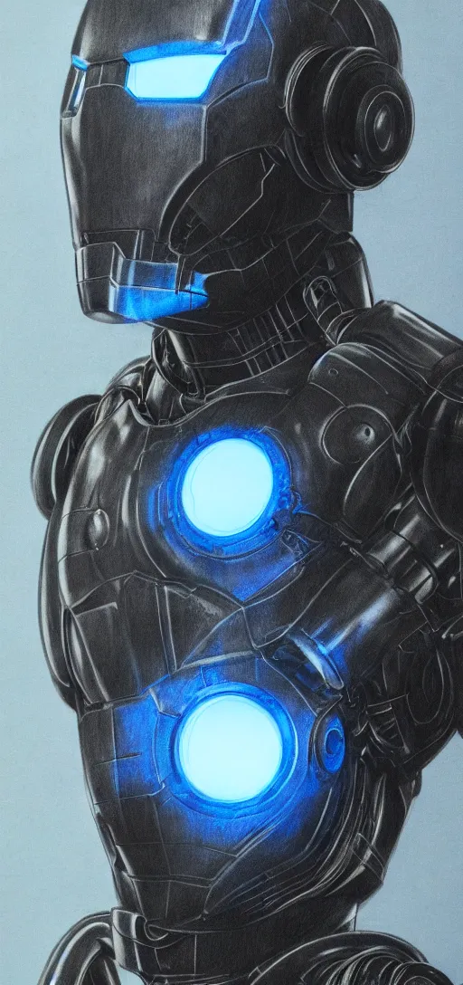 Image similar to steampunk, H.R. Giger design of Iron Man, full body and head, drawing on pencil, ornate, details, smooth, sharp focus, illustration, realistic, cinematic, artstation, award winning, rgb, ethereal blue lighting, 8K,