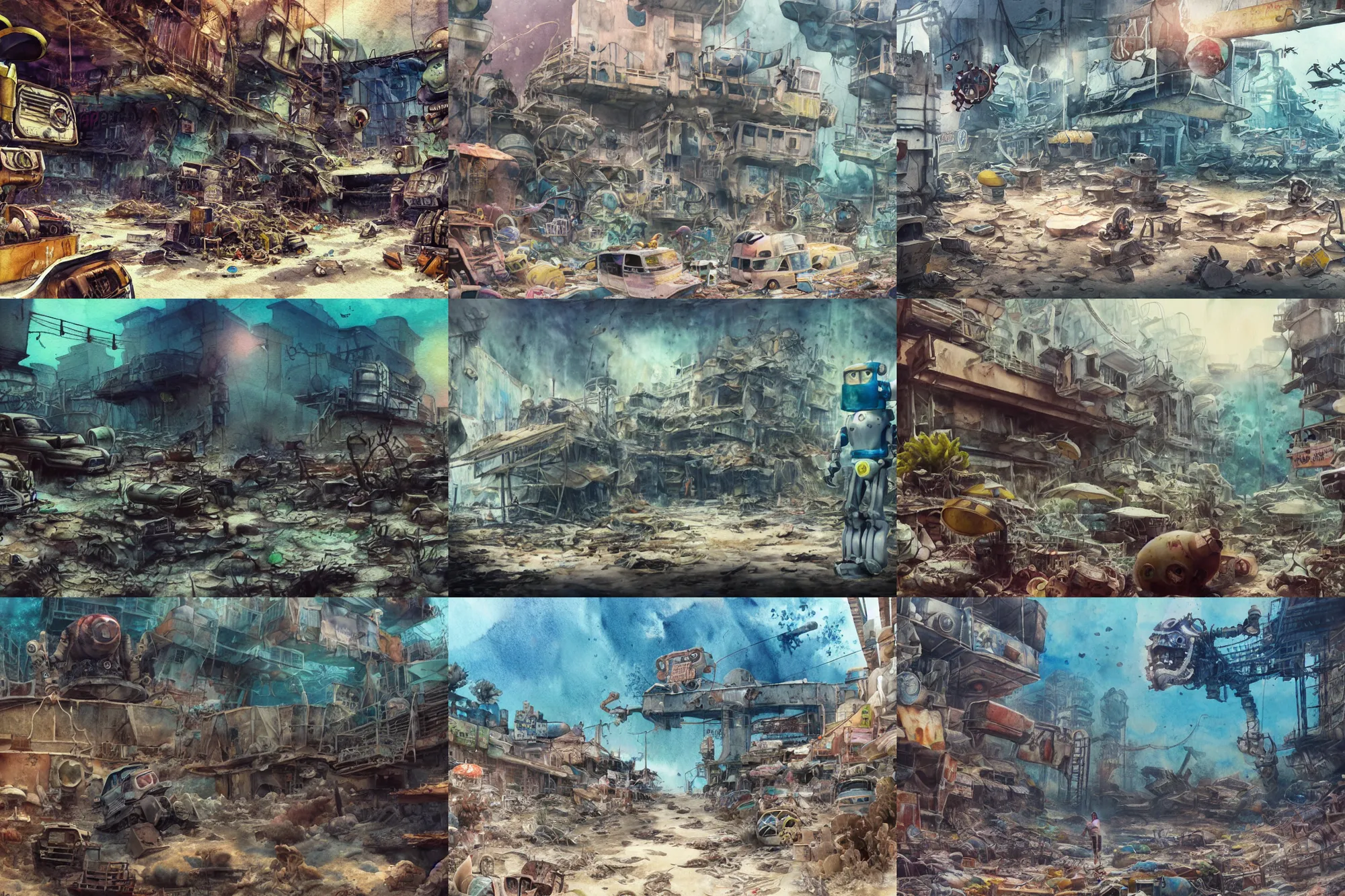 Prompt: incredible underwater exploration, watercolor, harsh bloom lighting, rim light, abandoned city, paper texture, movie scene, distant shot of swimmers in deserted dusty shinjuku junk town, old pawn shop, bright sun bleached ground, phantom crash, robot monster lurks in the background