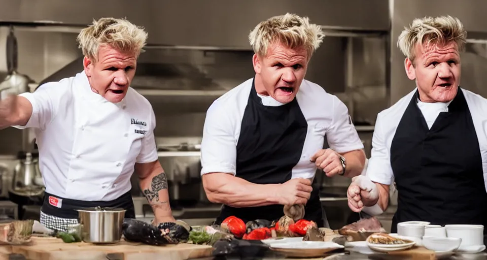 Image similar to photo of angry furious Gordon Ramsay punching Gordon Ramsay at the kitchen