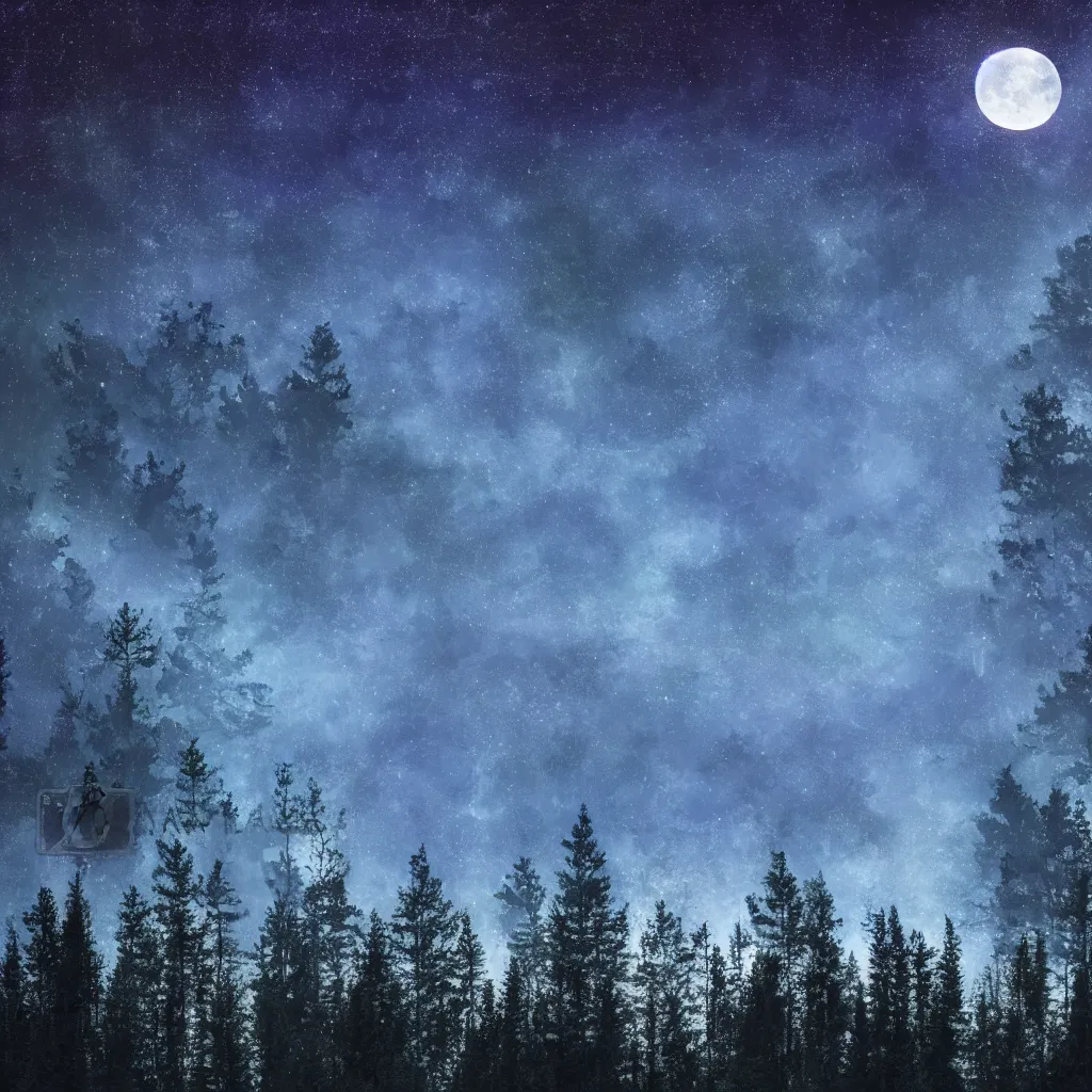 Image similar to night forest, stars, moon, blue light, 8 k, realistic