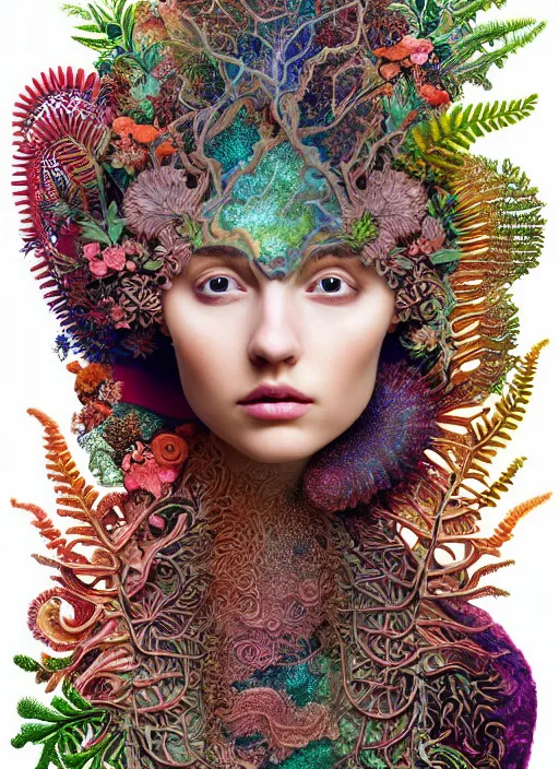 Prompt: ridiculously beautiful young womans face in full color, layers of intricate swirling fractals of 3 d fern and coral skin, blooming, portals into dimensions, coral, birds, symmetrical, in the style of ernst haeckel, effervescent, sacred geometry, surrealism, photo realistic, epic and cinematic, 3 d, clear, sharp,