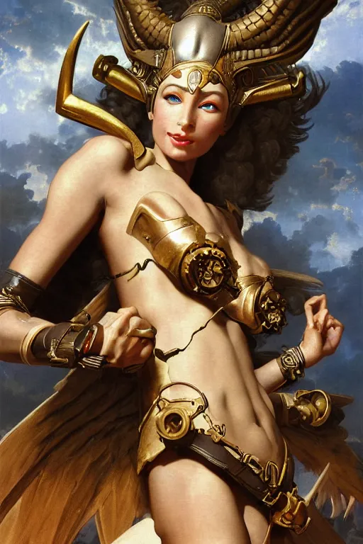 Prompt: Mystical Valkyrie, Regal, Realistic, Refined, full portrait of a beautiful female Cyborg Anubis Warrior, Detailed Digital Art, Oil Painting, François Boucher, William-Adolphe Bouguereau, Steampunk, Walt Disney (1937), dynamic lighting, very very very very very beautiful, character illustration by Jean Giraud, Highly Detailed, Cinematic Lighting, Unreal Engine, 8k, HD