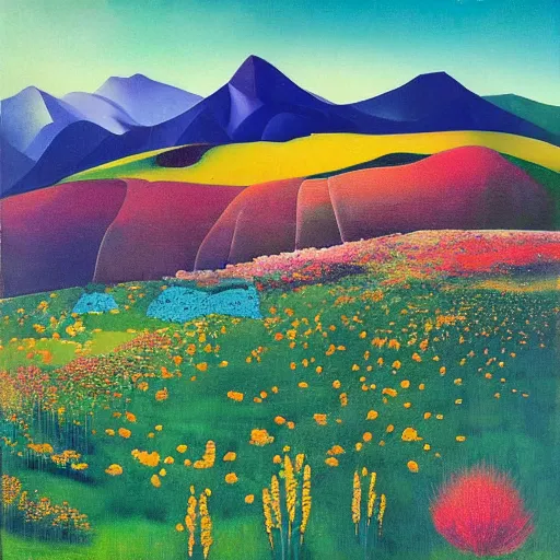 Image similar to mountain landscape in spring, flowers, teal landscape, dreamy light, sunny complementary palette, by and jacek yerga and tamara de lempicka and jesse king, pop surrealist, wiccan