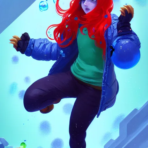 Image similar to madeline from celeste jumping into a green jelly bubble wearing a blue bubble jacket has a red long hair, highly detailed, digital painting, artstation, concept art, sharp focus, illustration, art by greg rutkowski and alphonse mucha