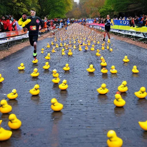 Prompt: rubber ducks racing in a marathon