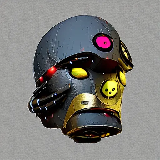 Prompt: cyberpunk helmet in the shape of a bird with stickers by Vitaly Bulgarov, a beak, high details