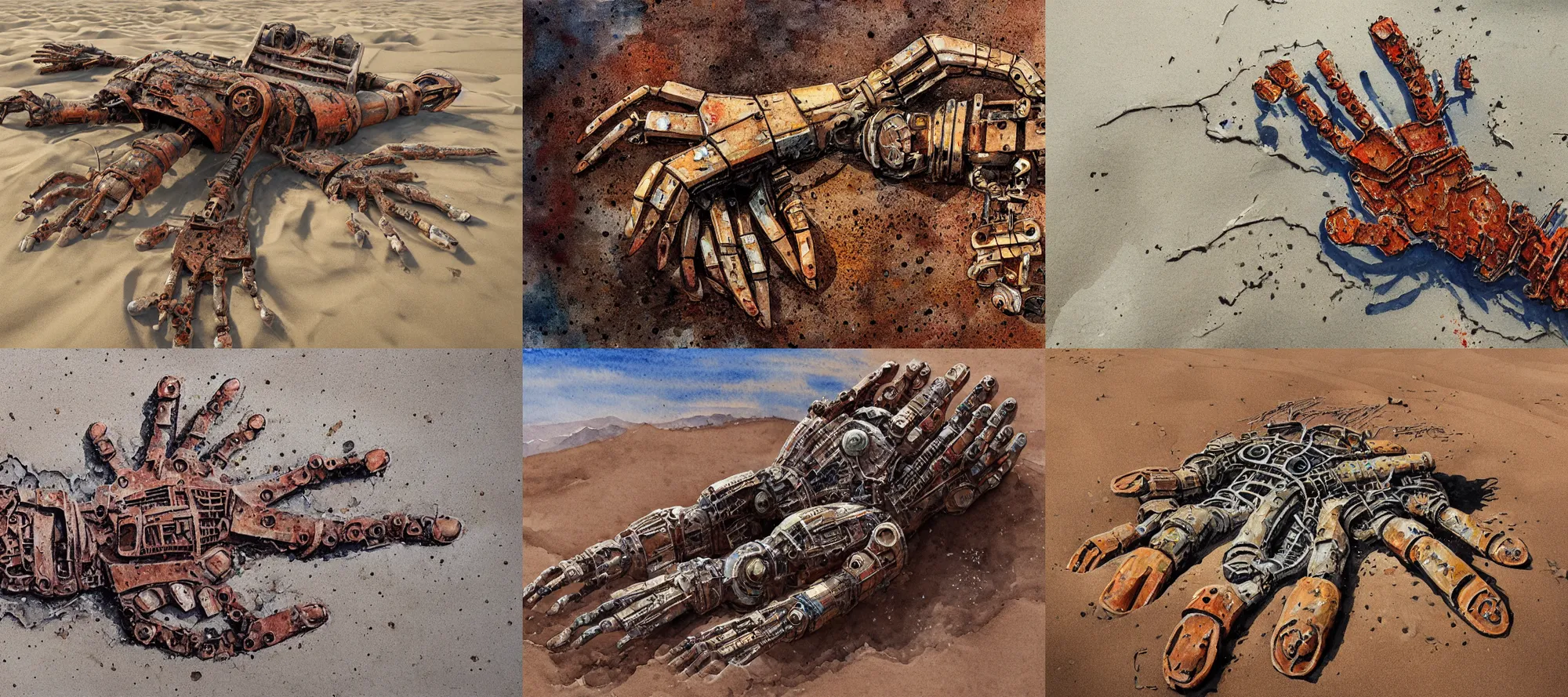 Prompt: a giant rusty robot hand lying broken and abandoned in the desert, covered in sand,, highly detailed watercolour sand, swirling, trending on art station, detailed and intricate environment