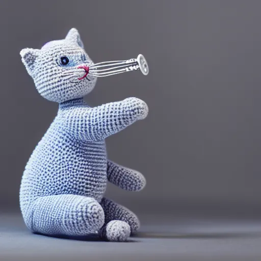 Prompt: product image of a crochet gray cat in light blue shirt playing crochet piano. beautifully made, very detailed, studio lighting, high quality, high resolution