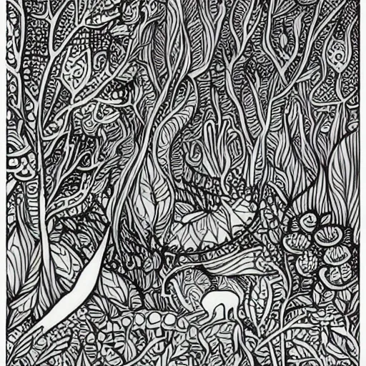 Prompt: an adult coloring book of an enchanted forest