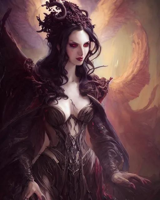 Image similar to daniel gerhartz and artgerm detailed portrait digital rococo painting of a beautiful serious villainess wearing fantasy clothing like liliana vess, villainess has black angel wings, evil mood, hellish battlefield in the background, embers flying, unreal engine, hyper realism, realistic shading, cinematic composition, blender render, octane render, detailed textures, photorealistic, ultrawide shot