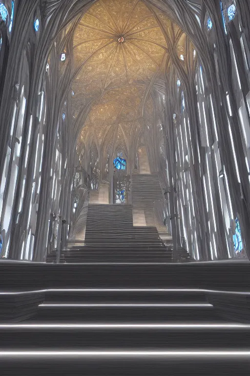 Prompt: a crystal and opal staircase in the cathedral of light, light sweep, glowing, stencil volume shadows, lighting rendered in unreal engine 5 and cinema 4 k