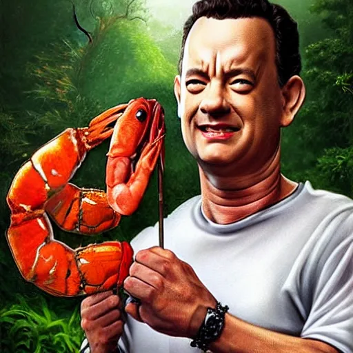 Image similar to Tom Hanks as forrest holding a giant shrimp on a stick over a campfire in the jungle, realistic digital painting, in the style of Aleksi Briclot, photoreailstic, realistic face, amazing detail, sharp