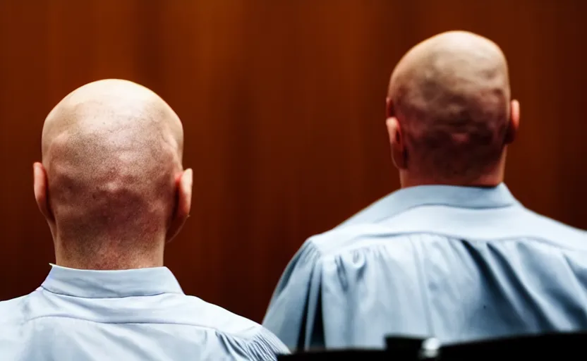 Prompt: a courtroom, close up a bald man in a skirt, no blur, 4 k resolution, ultra detailed by william eggleston