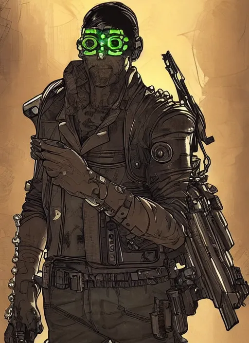 Prompt: cyberpunk mob enforcer. portrait by ashley wood and alphonse mucha and laurie greasley and josan gonzalez and james gurney. splinter cell, apex legends, rb 6 s, hl 2, d & d, cyberpunk 2 0 7 7. realistic face. character clothing. vivid color. dystopian setting.