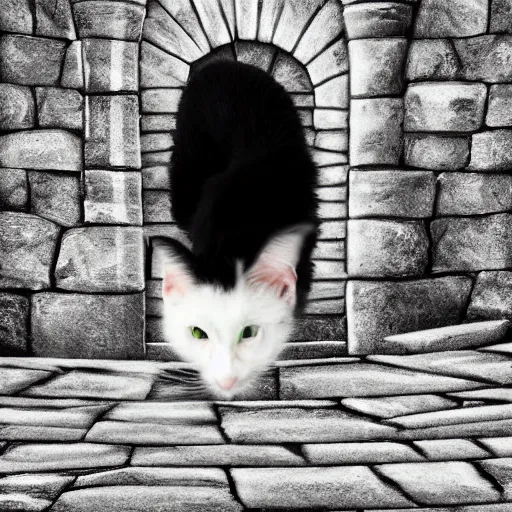 Image similar to happy black and white cat frolicking in a castle, realistic, digital art