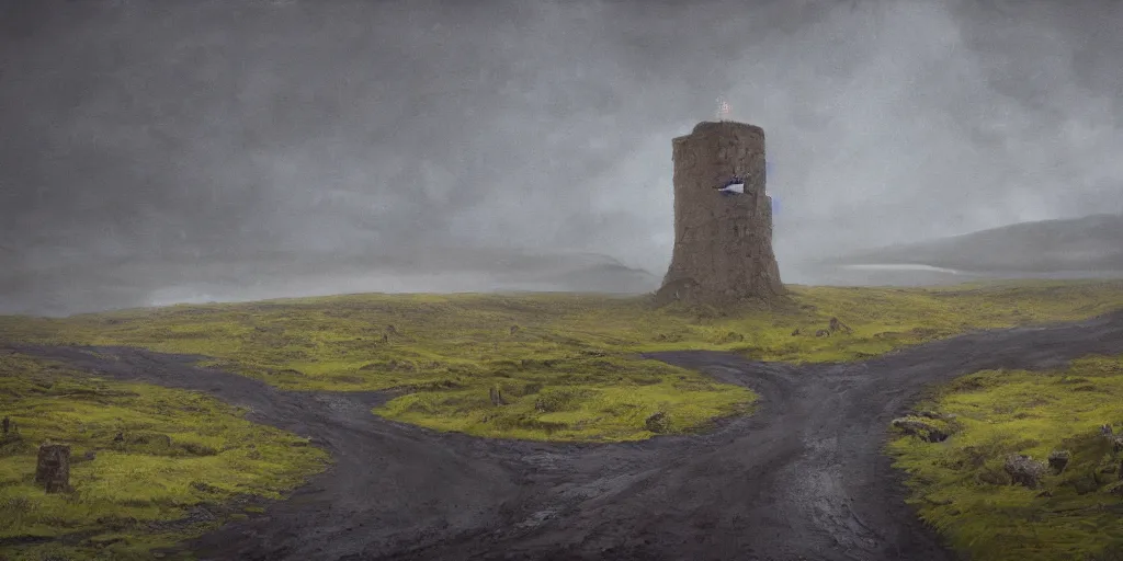 Prompt: A digital painting by Simon Stålenhag of Iceland´s gravel road ,monumental old ruins tower, forest,overcast, of a road in Iceland landscape.