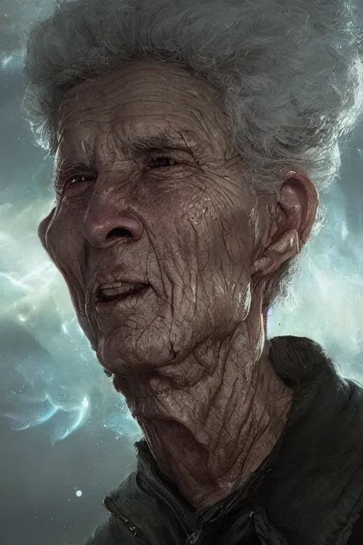 Image similar to the look of an elderly person full of wrinkles and imperfections comes out of a tornado by artgem and greg rutkowski, highly detailed, high contrast, light reflection, trippy, nebula, trending on artstation