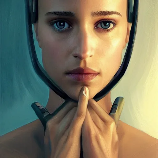 Image similar to Alicia Vikander in Ex Machina looking in the mirror, no noise, elegant, concept art, sharp focus, beautiful face!!, digital art, smooth defined outlines!!, by Brom, trending on Artstation, Tom Bagshaw, Sargent