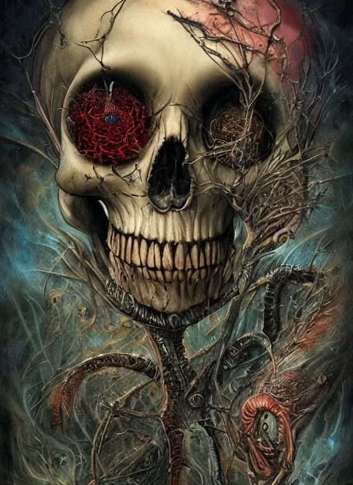 Prompt: the caterpillar, death tarot card, highly detailed, half skull face,, highly detailed, cinematic, 8 k, by megan duncanson, benjamin lacombe, adrian borda, stanley artgermm, tom bagshaw, craig mullins, carne griffiths, ayami kojima, beksinski, giger, trending on deviantart, hyper detailed, horror, full of colour