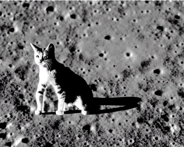 Prompt: a far away photo of a cat in a cat spacesuit on the moon, photorealistic