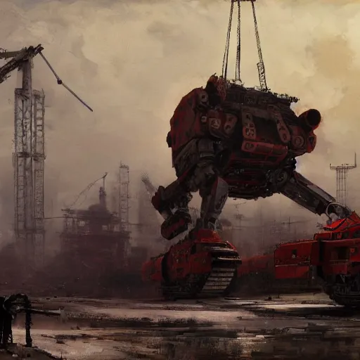 Image similar to construction of a giant soviet mech at the factory by jakub rozalski