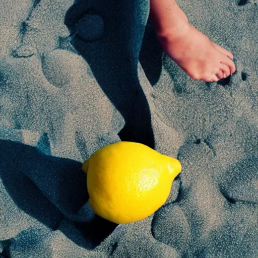 Image similar to a lemon in shape of a human with legs of lemons and round body, arms of lemons, it's relaxing on a beach, volumetric light