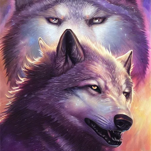 Image similar to enlightened pack of spirit wolves MICHAEL DIVINE and by AMANDA SAGE , trending on artstation