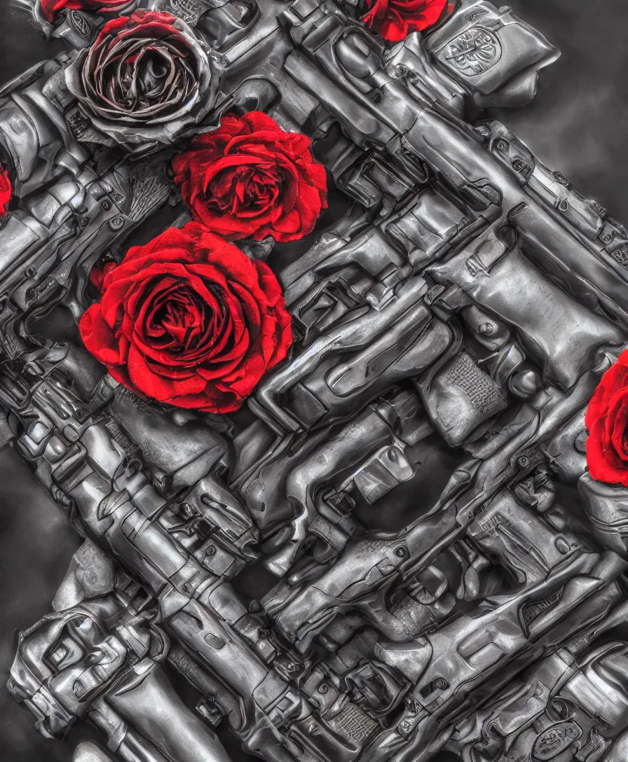 Image similar to close up guns and roses, color, ultra detailed, photorealistic, trending on artstation, 4 k, 8 k