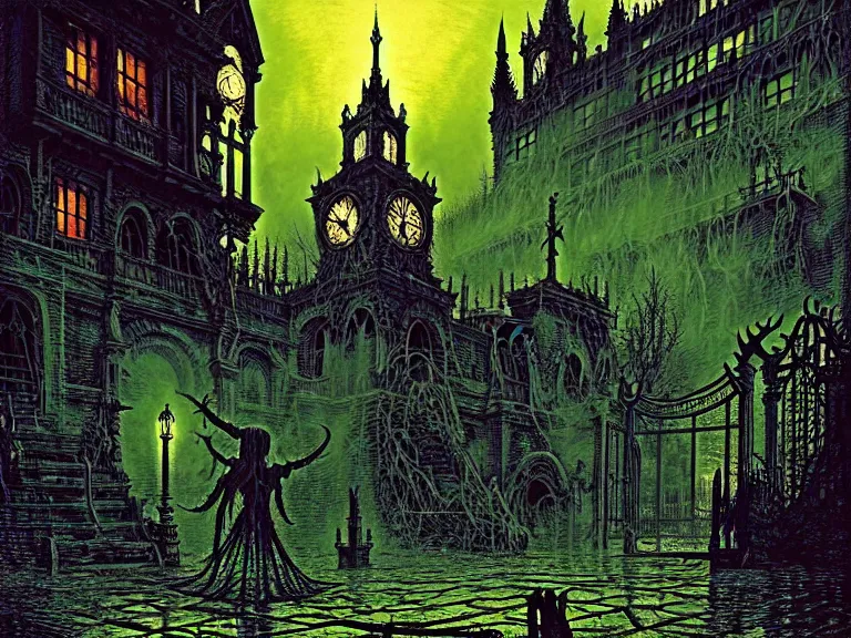 Prompt: the hellspawn demon greeting souls of sinners at the gates of the river styx by dan mumford and josan gonzalez and john atkinson grimshaw and guido borelli da caluso and gregory crewsdon and hubert robert and david mattingly and liam wong and stephen shore, hyperrealism, high contrast, low light, vibrant color, psychedelic, green, blue