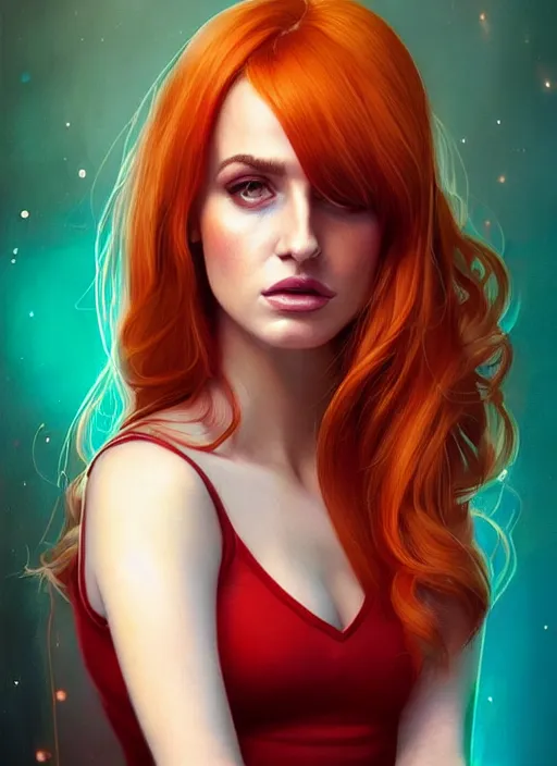 Prompt: full body portrait of teenage cheryl blossom, bangs, green eyes, sultry expression, red hair, sultry smirk, bangs and wavy hair, big bangs, intricate, elegant, glowing lights, highly detailed, digital painting, artstation, concept art, smooth, sharp focus, illustration, art by wlop, mars ravelo and greg rutkowski