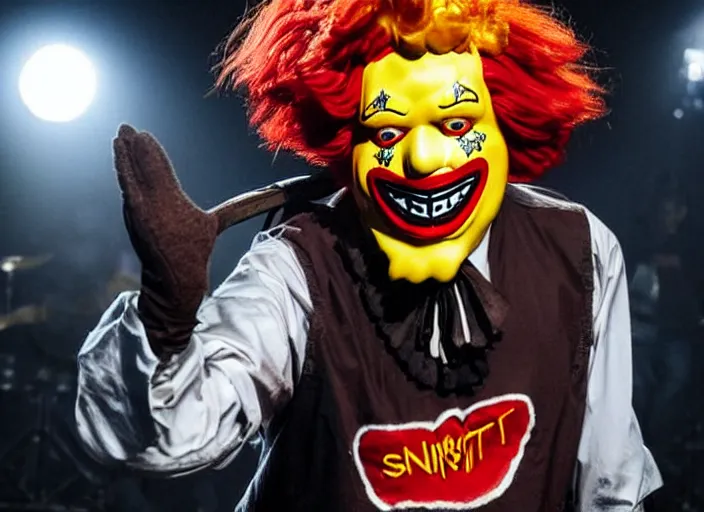 Image similar to publicity photo still of ronald mcdonald wearing a slipknot mask touring with slipknot live on stage, 8 k, live concert lighting, mid shot