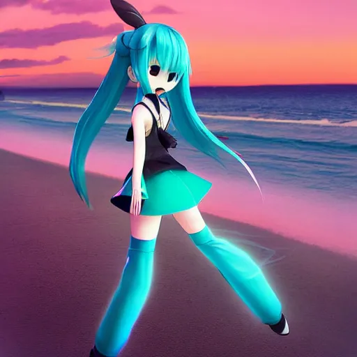 Prompt: hatsune miku takes a walk on evening beach, photo, f 2,4