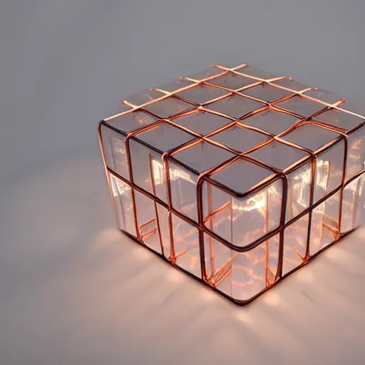 Prompt: a transparent cube containing copper rings and a grid of lights