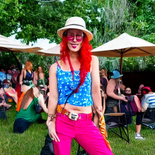 Image similar to DJ at a party, DJ is a red headed woman and is wearing a straw hat and a fanny pack