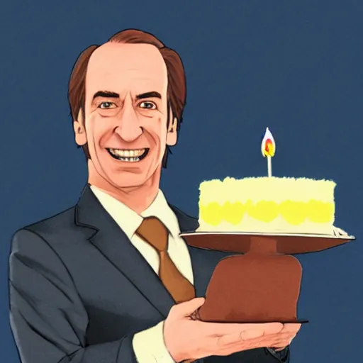 Image similar to saul goodman, smiling, holding a birthday cake, anime art, trending on artstation