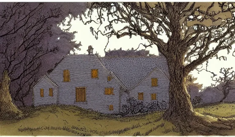 Prompt: A serene landscape with a singular building in the style of Charles Vess.