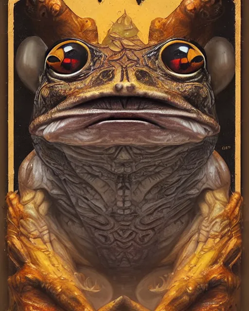 Prompt: digital painting of an aztec frog monster by filipe pagliuso and justin gerard, symmetric, fantasy, detailed, intricate, portrait, sharp focus, tarot card, handsome, gwent