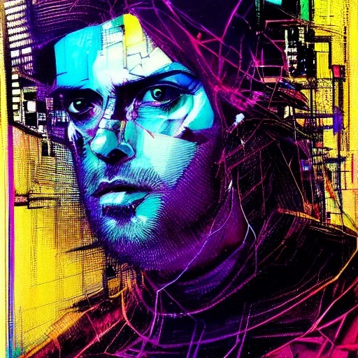 Prompt: hyperrealistic portrait of a cyberpunk character, adult man, long hair, glitch eyes, by Guy Denning, Johannes Itten, Derek Gores, Russ Mills, glitch art, smooth lines, fine detail, polished, complex, hacking effects, holographic, digital tech effects, blue and violet, color blocking!, realistic, acrylic on canvas, concept art, abstract!, symmetrical, 8k, concept art, octane, photorealistic, cgsociety, trending on artstation