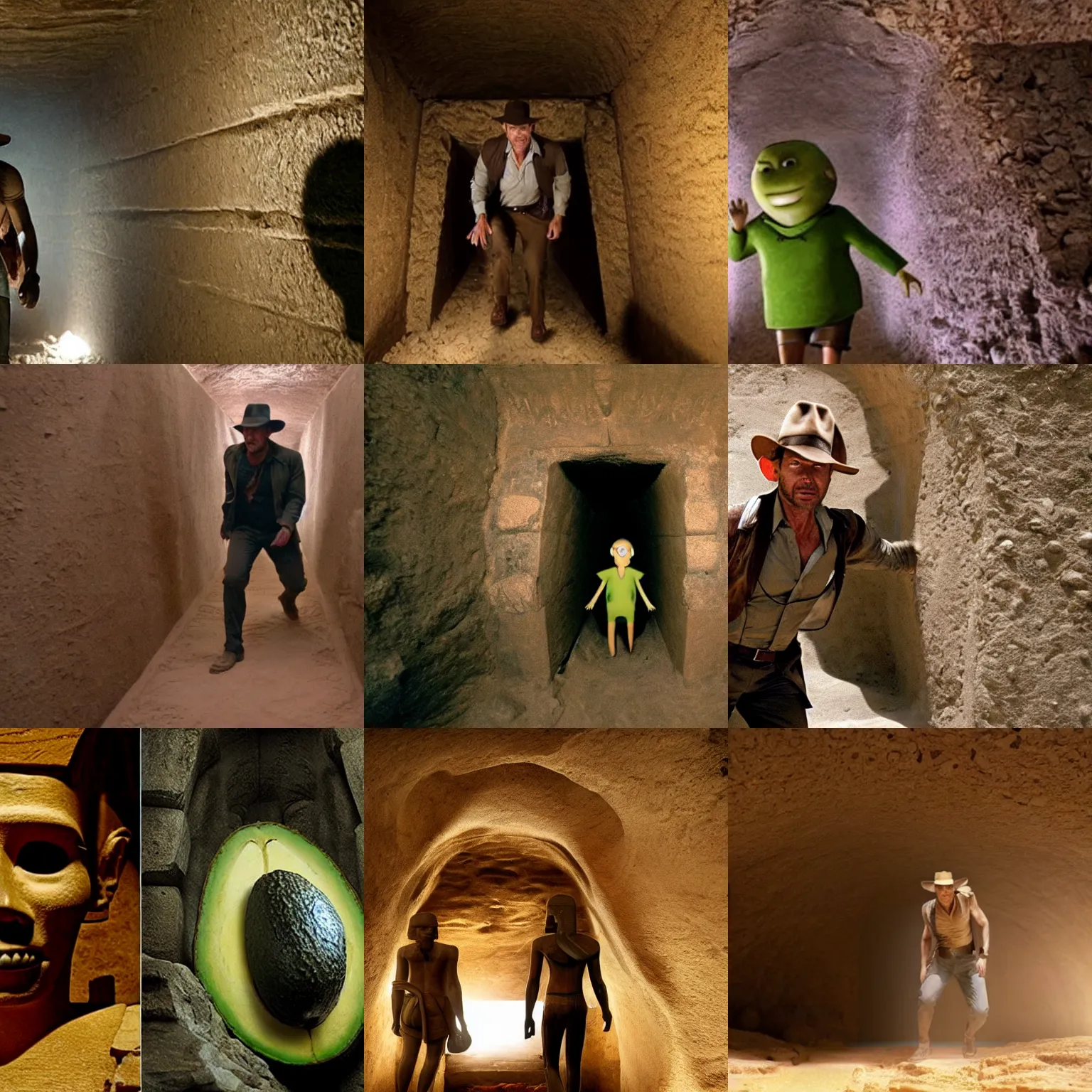 Prompt: anthropomorphic avocado chases indiana jones in huge dusty egyptian tomb, perfectly lit. movie still