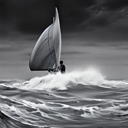 Image similar to newt gingrish sailing on a sailbot, in the style of robert adams, wide shot, 1 6 mm, hyperrealistic, stormy seas, 8 k