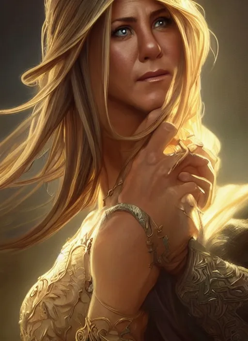 Image similar to jennifer aniston, d & d, fantasy, intricate, elegant, highly detailed, digital painting, artstation, concept art, matte, sharp focus, illustration, hearthstone, art by artgerm and greg rutkowski and alphonse mucha